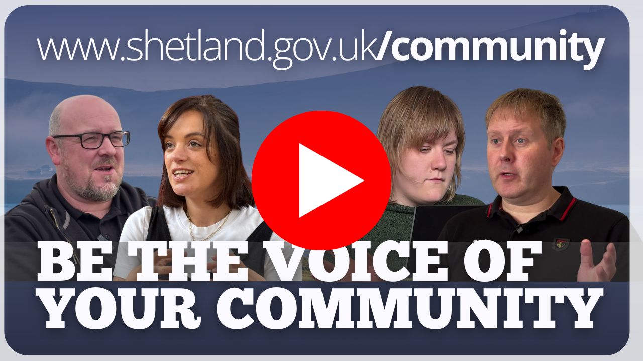 The faces of four community councillors, with a red 'play' button