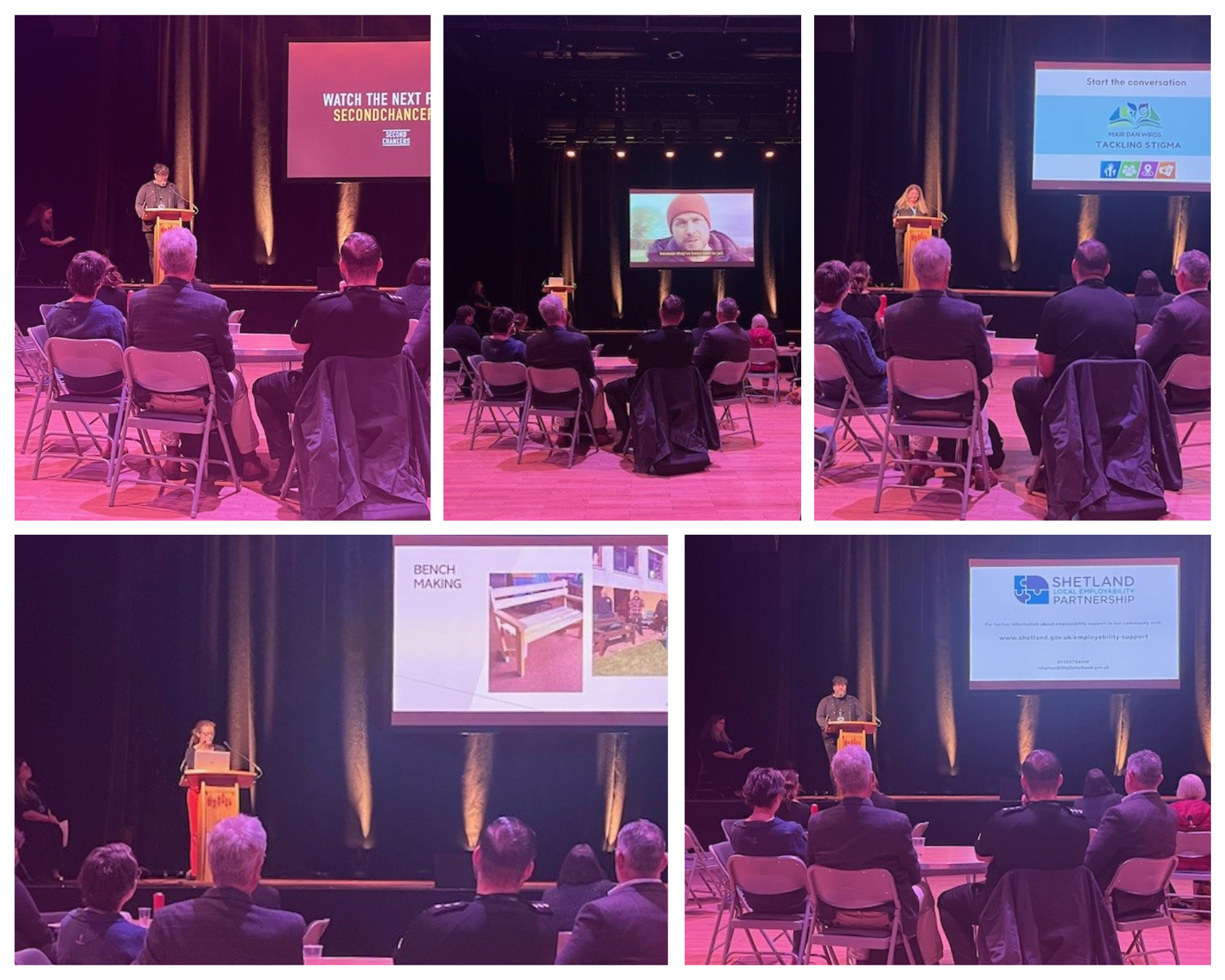 A collage of images of speakers and audiences at the event - participants stand on the stage speaking to their peers who are seated around the auditorium. The room is bathed in a pink light.