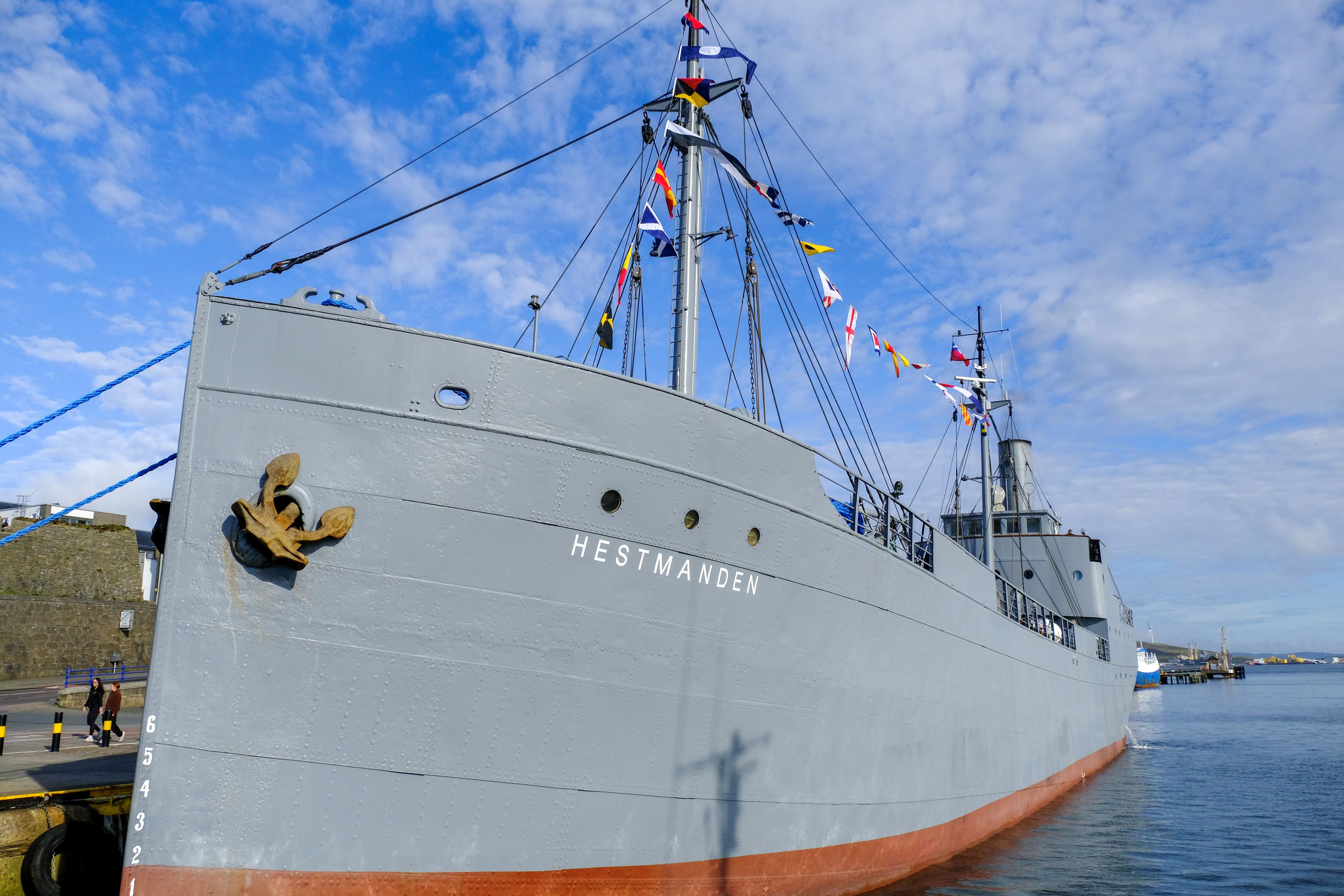 The gray hull of the SS Hestmanden - the largest of the convoy ships