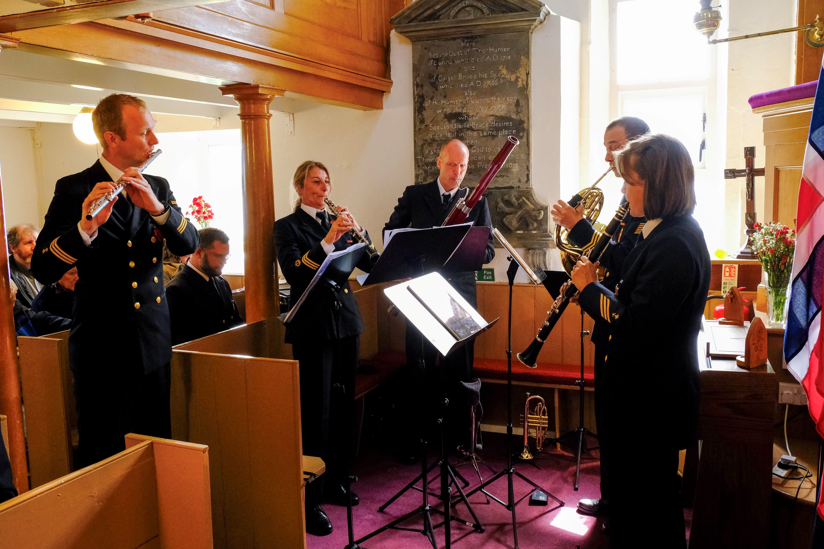 Norwegian naval band musicians perform in Lunna Kirk