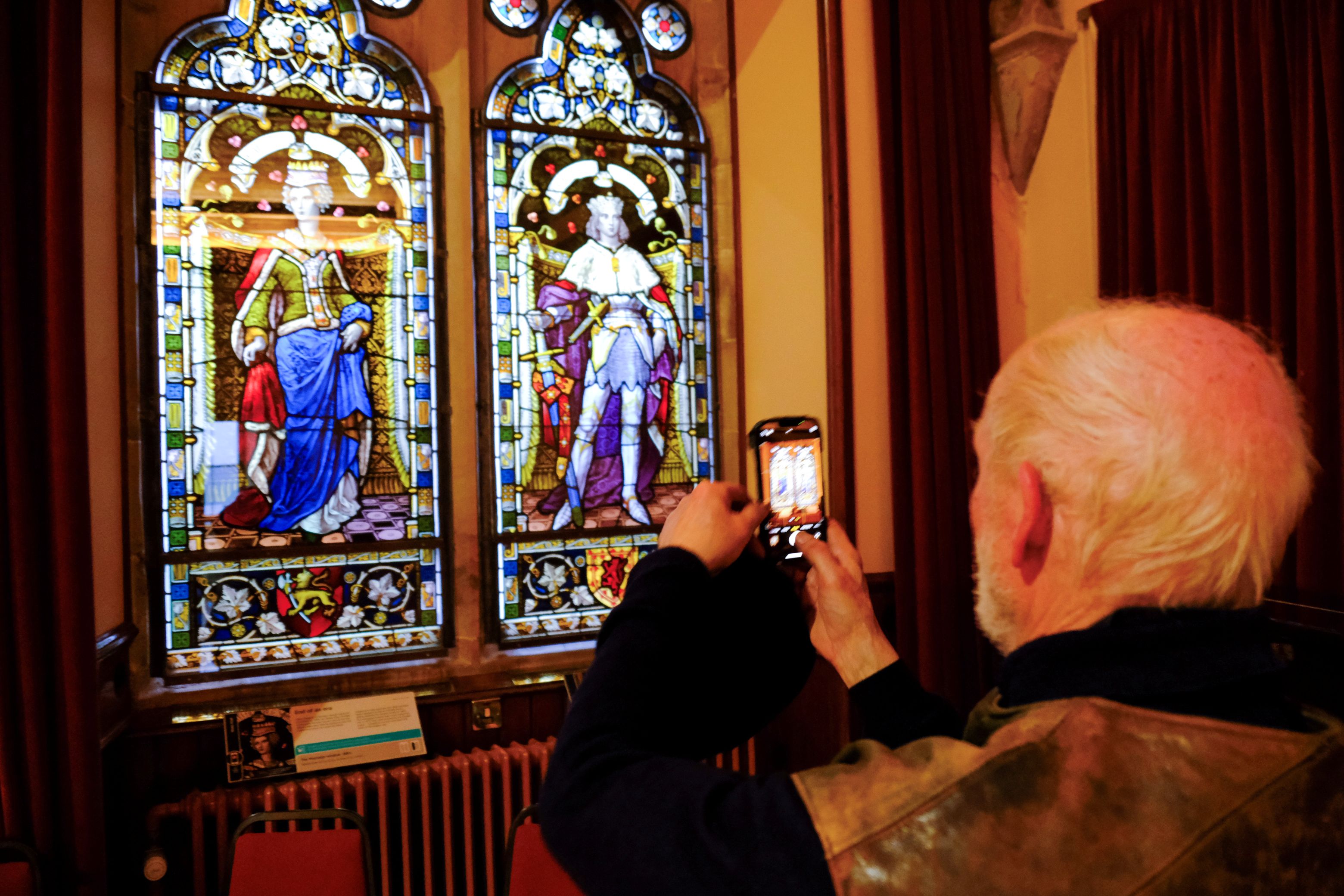 Admiring the marriage window at Lerwick Town Hall