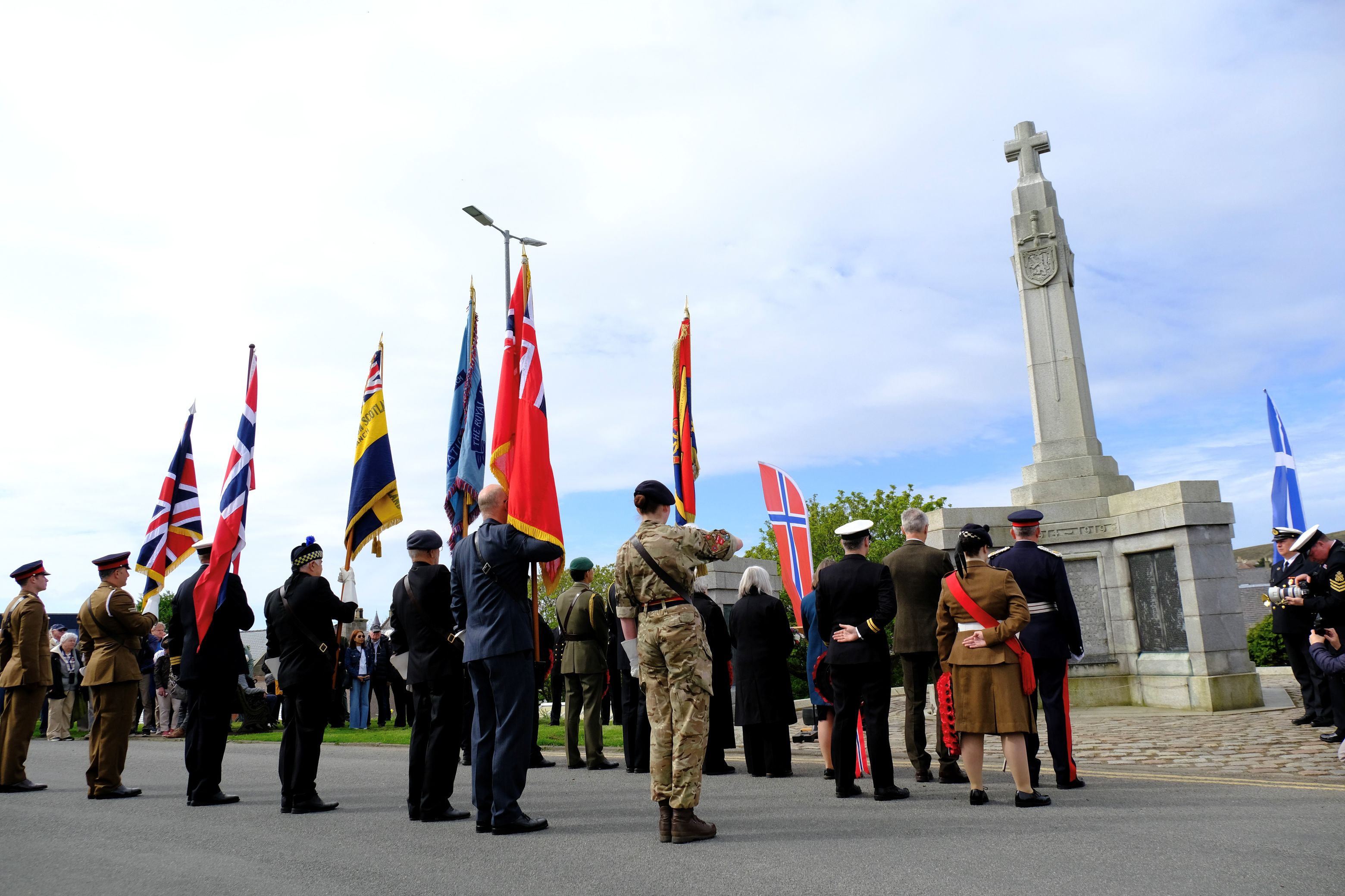 A memorial service was held at the County War Memorial, standardbearers line up in front of the memorial ahead of wreath laying
