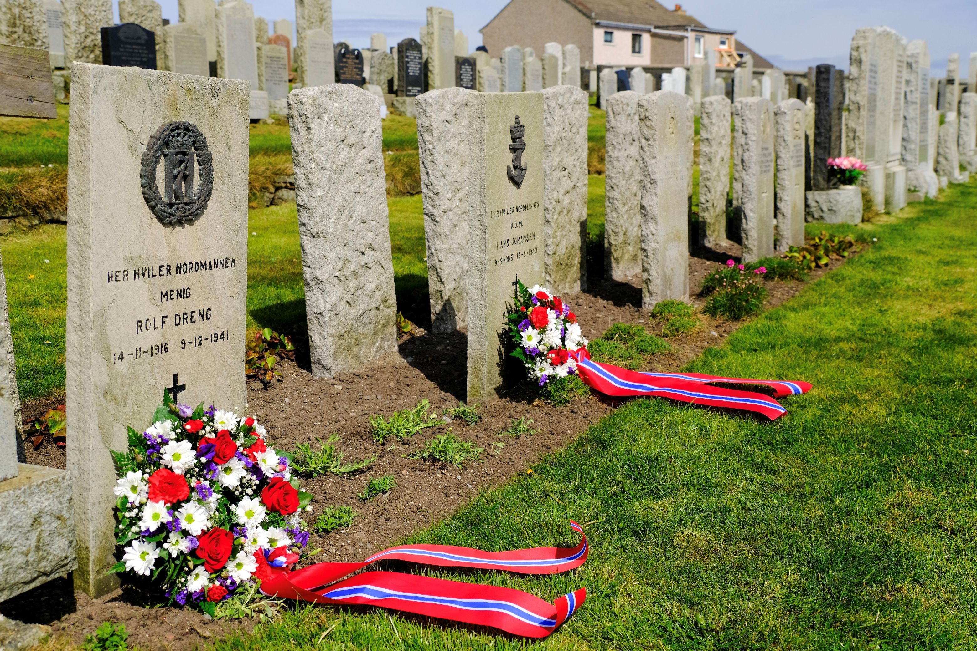 Wreaths on war graves at the Knab Cemetary in Lerwick