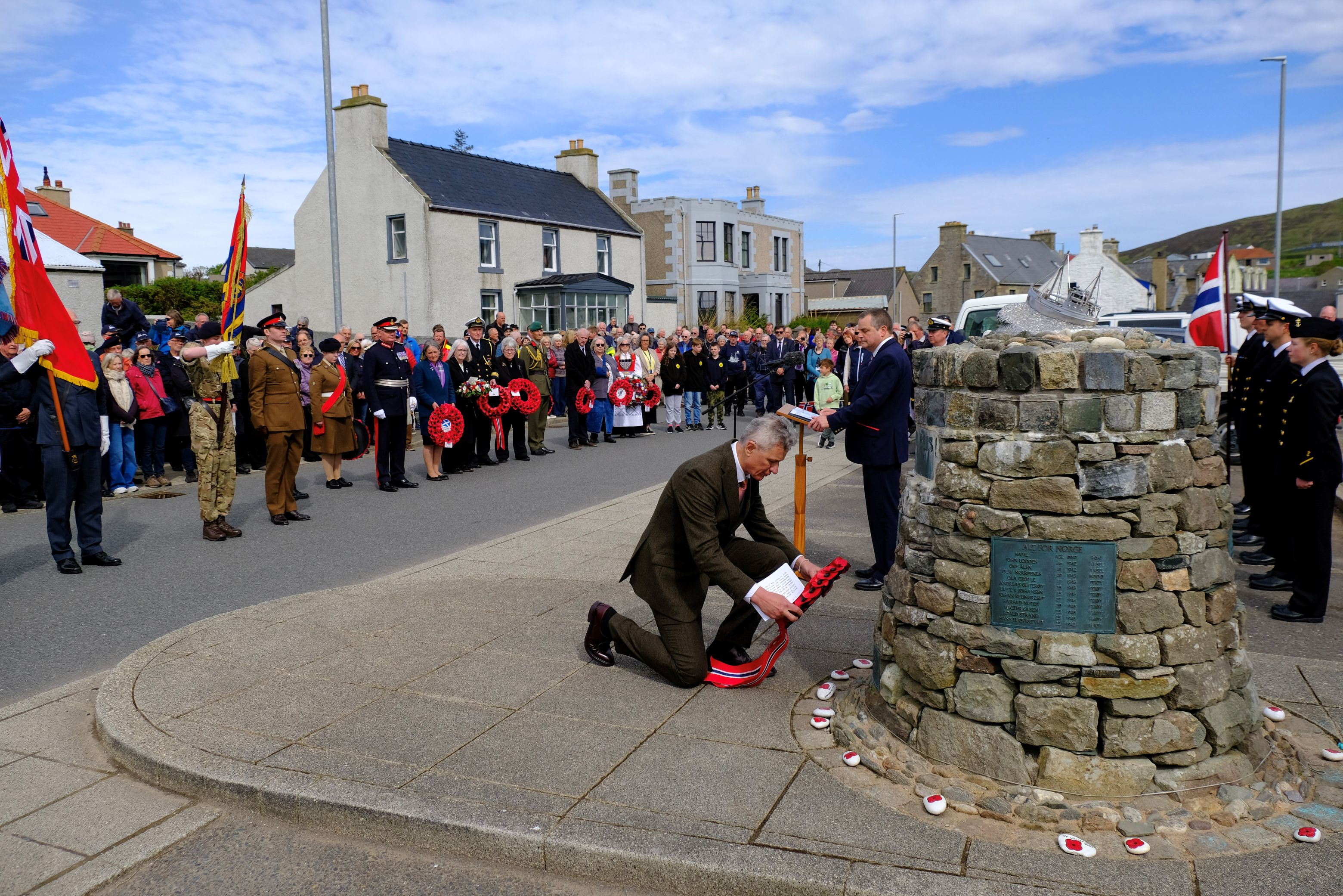 The Norwegian amabassador lays a wreath at the Shetland Bus Memorial in Scalloway
