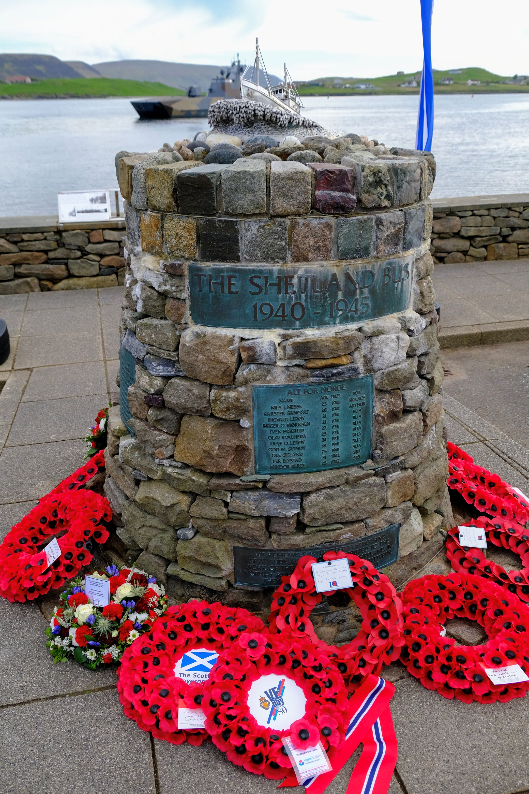 Wreaths at the Shetland Bus Memorial