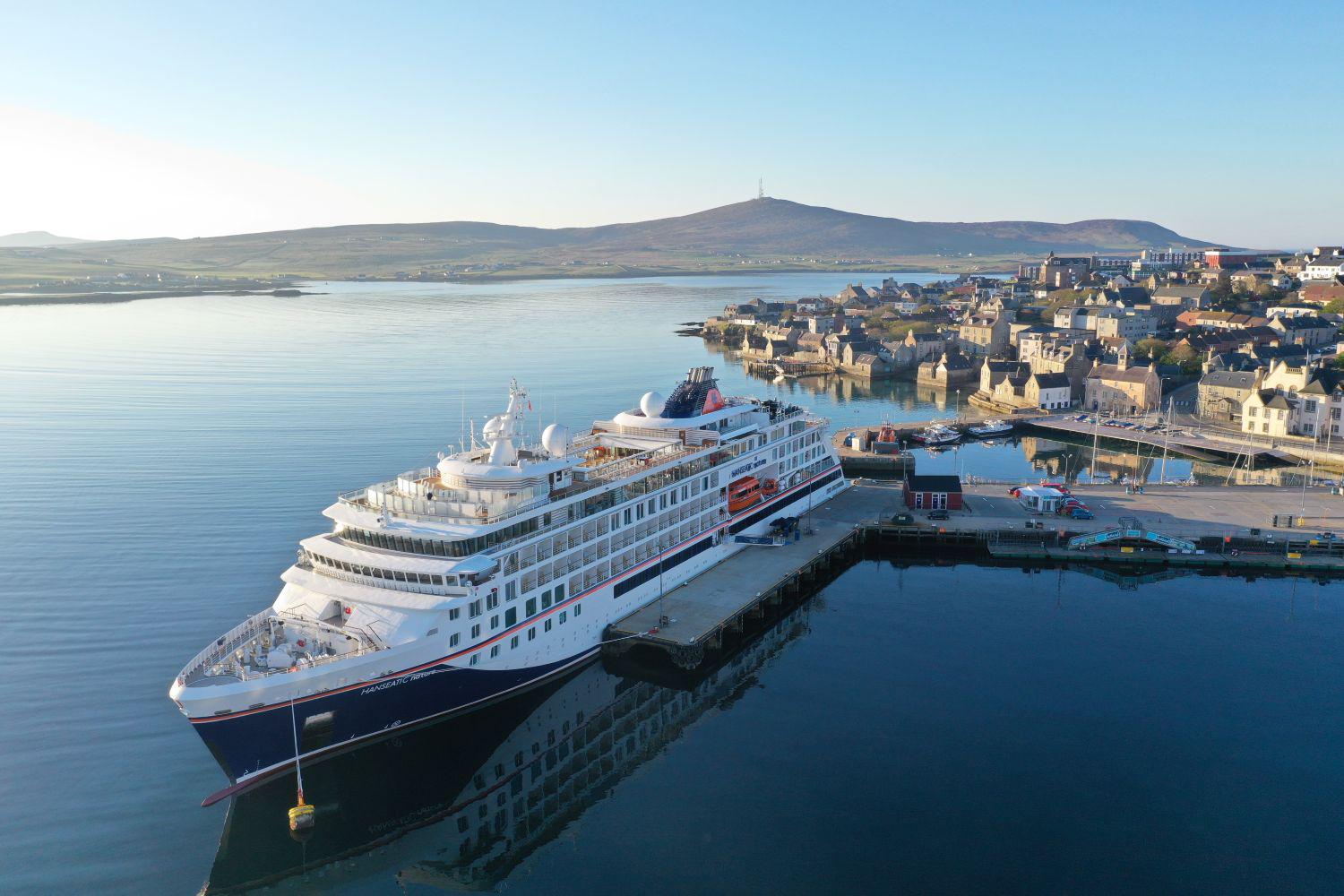Hanseatic Nature cruise ship in Lerwick Harbour. Credit: Lerwick Port Authority