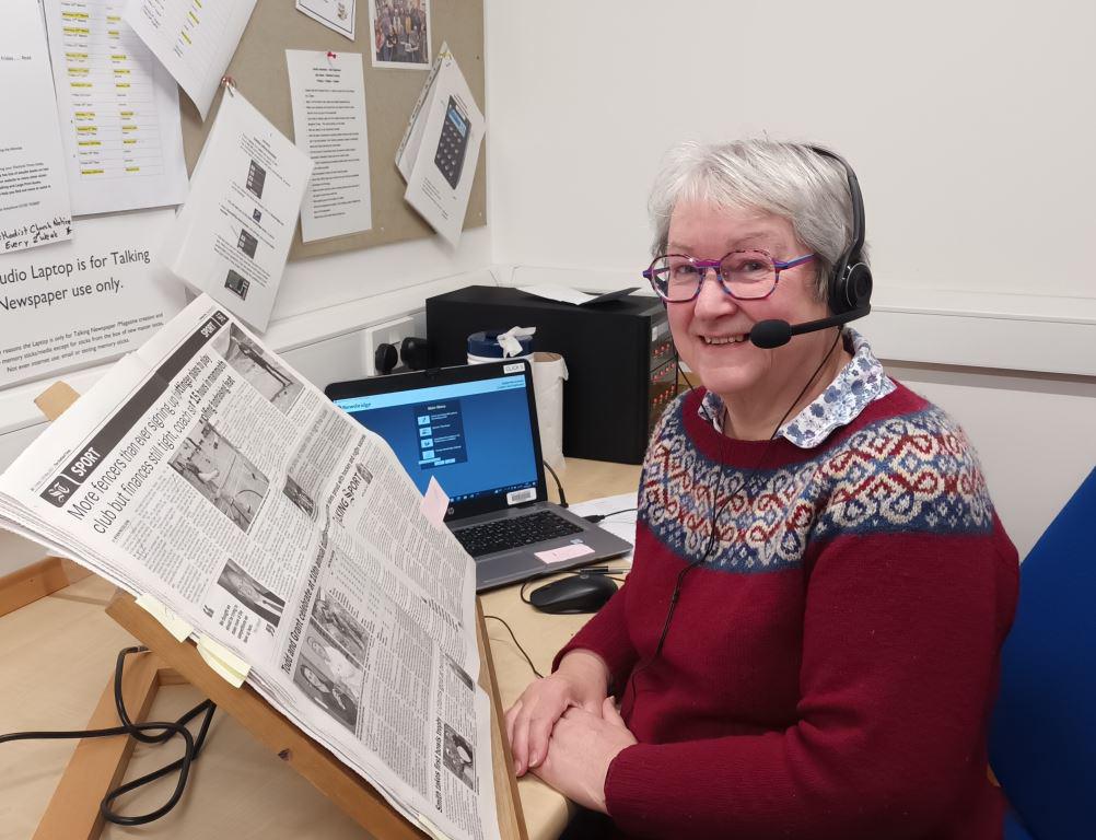 Hazel Tindall, volunteer reader of the Shetland Library Talking Newspaper