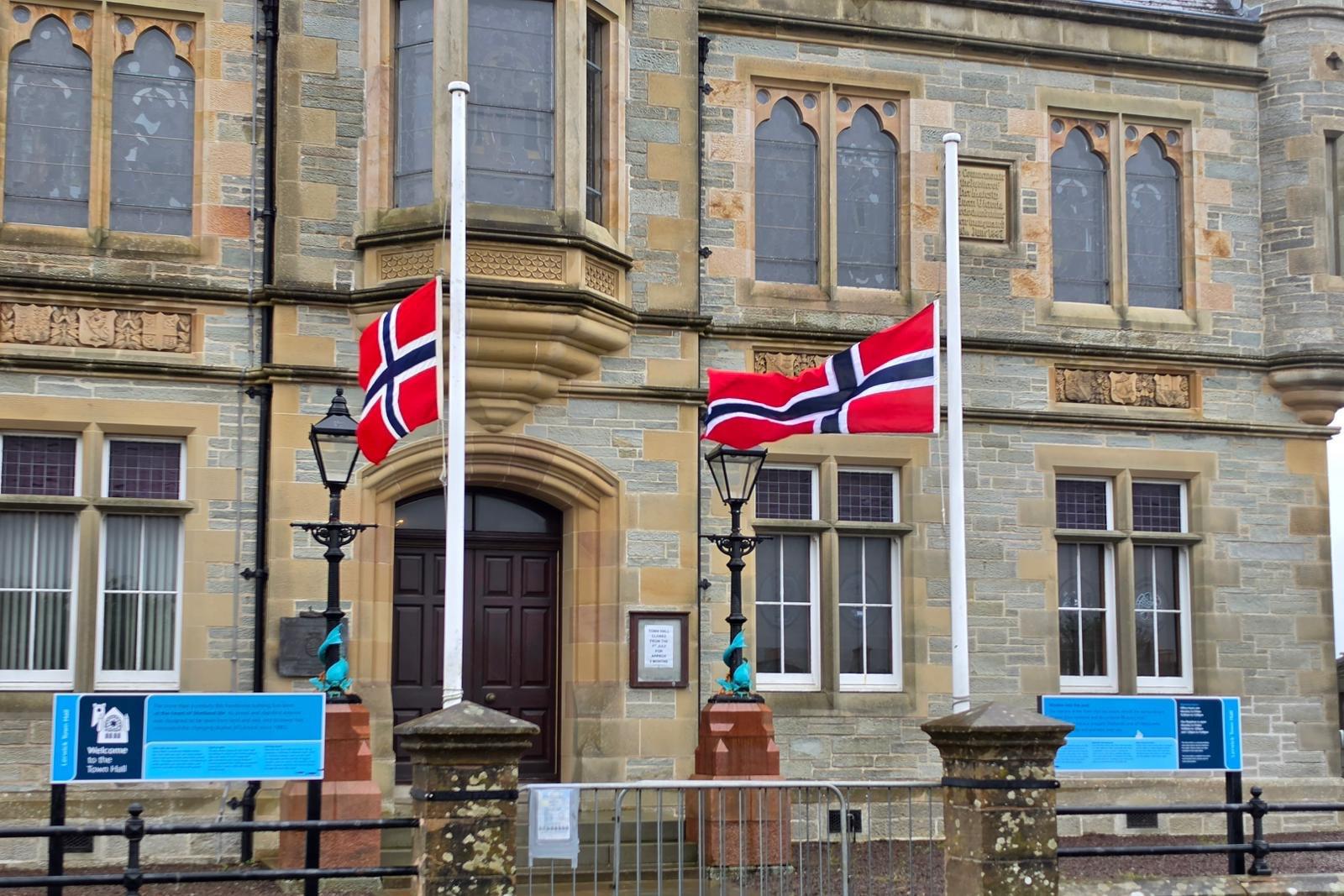 Norwegian flags at Lerwick Town Hall