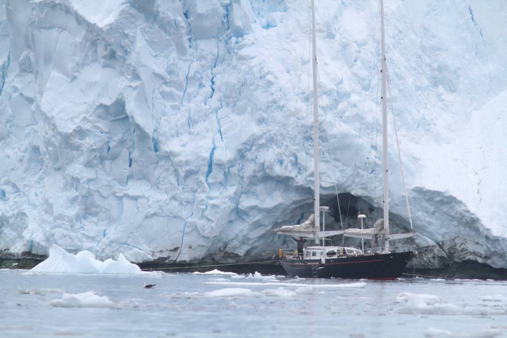 Novara, a high latitude research yacht, sits in front of the towering white wall of an iceberg
