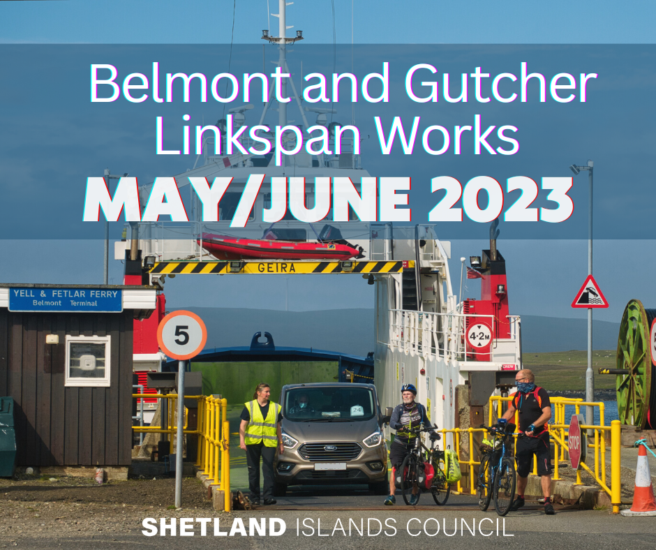 The MV Giera is berthed at the Belmont Linkspan. Vehicles and cyclists exit the ferry. The caption reads Belmont and Gutcher Linspan Works May/June 2023