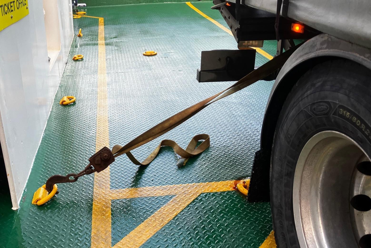 A typical lashing strap used to secure a goods vehicle to a ferry deck. Credit: SIC