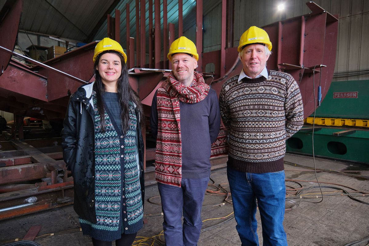 (L to R) Marie Bruhat, Lee Coutts and Ian Best, at the Parkol Marine Engineering yard in Whitby to view the new Fair Isle ferry currently being built.