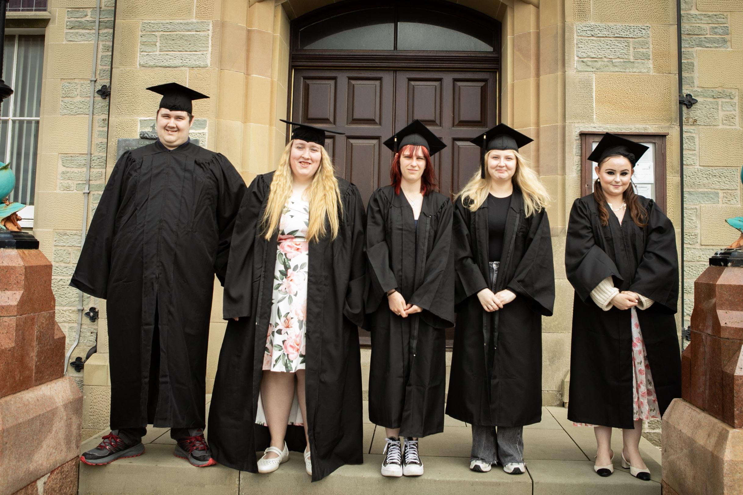 Project SEARCH Students 2026 at Lerwick Town Hall  (left to right) Liam Stewart, Naomi Robertson, Kira Irvine, Hollie Sim, Rebecca McArthur.  Credit: SIC
