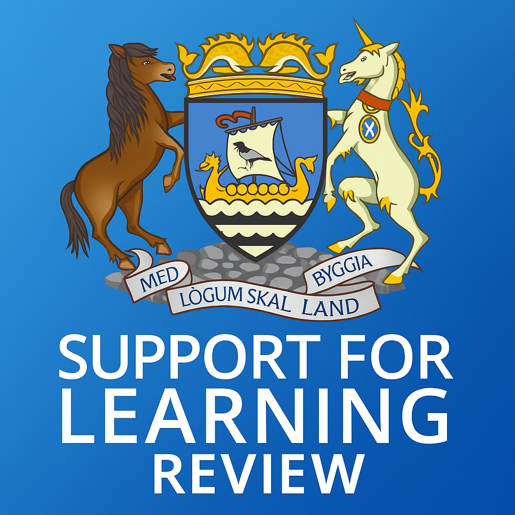 Shetland Islands Council Crest with text Support for Learning Review Logo