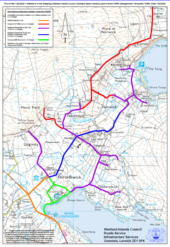A screenshot of the road closure details for space launch events in Unst