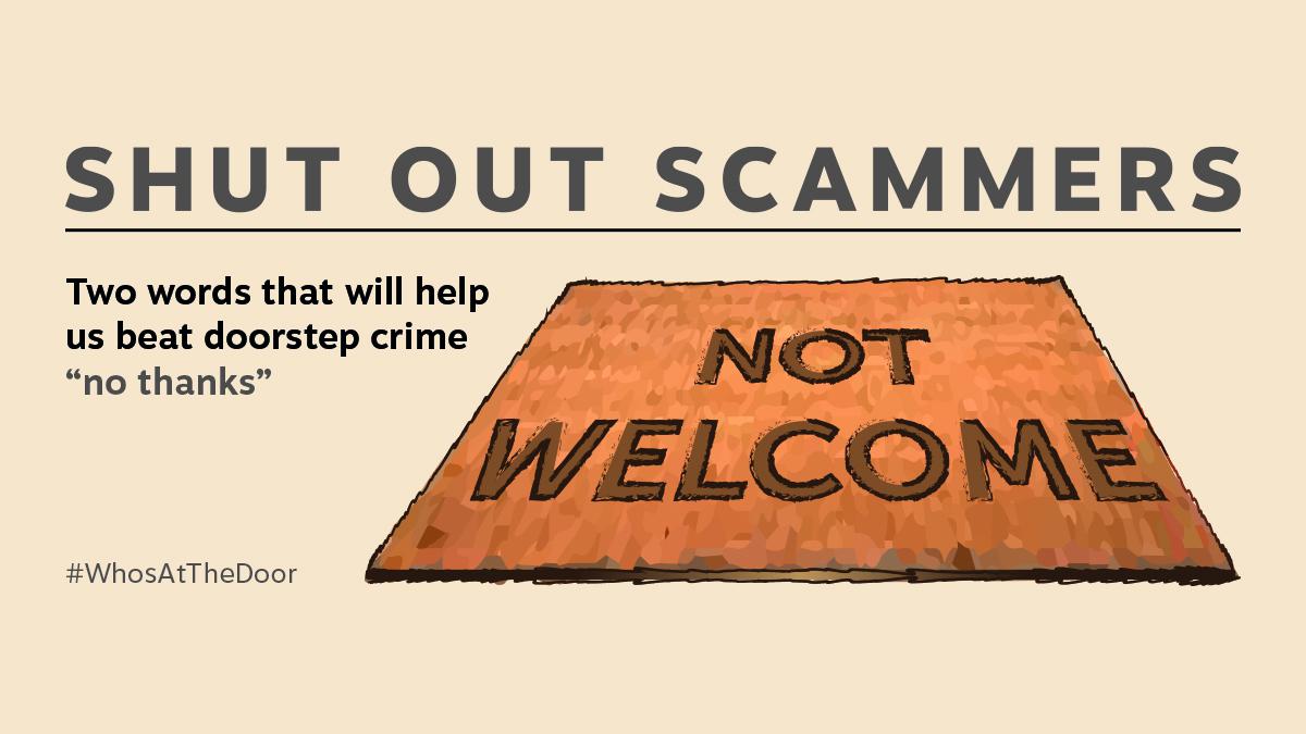 Graphic showing a door mat saying 'Not Welcome' and the text Shut Out Scammers above