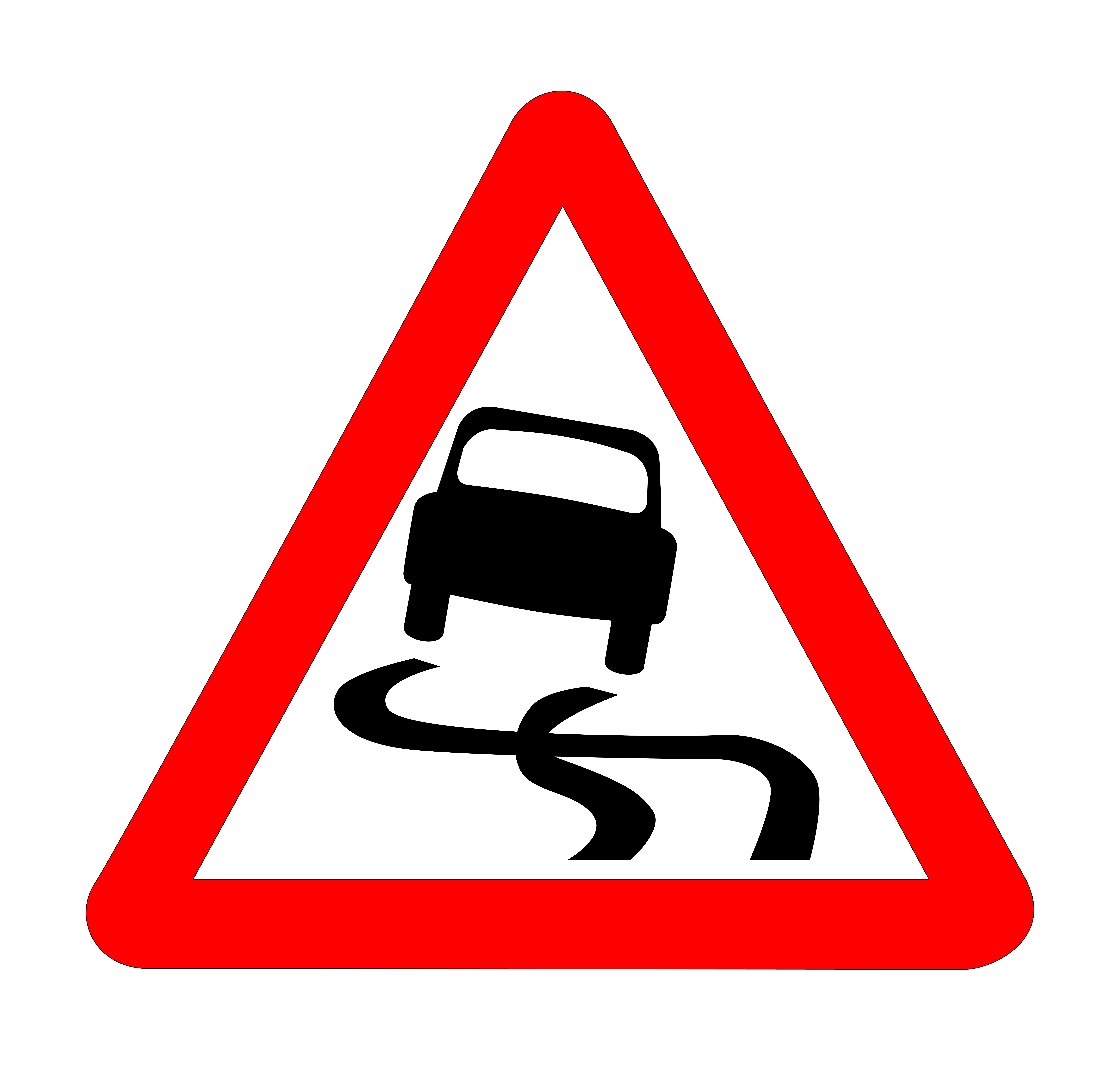 Skid risk sign showing a swerving car and crossing tyre tracks
