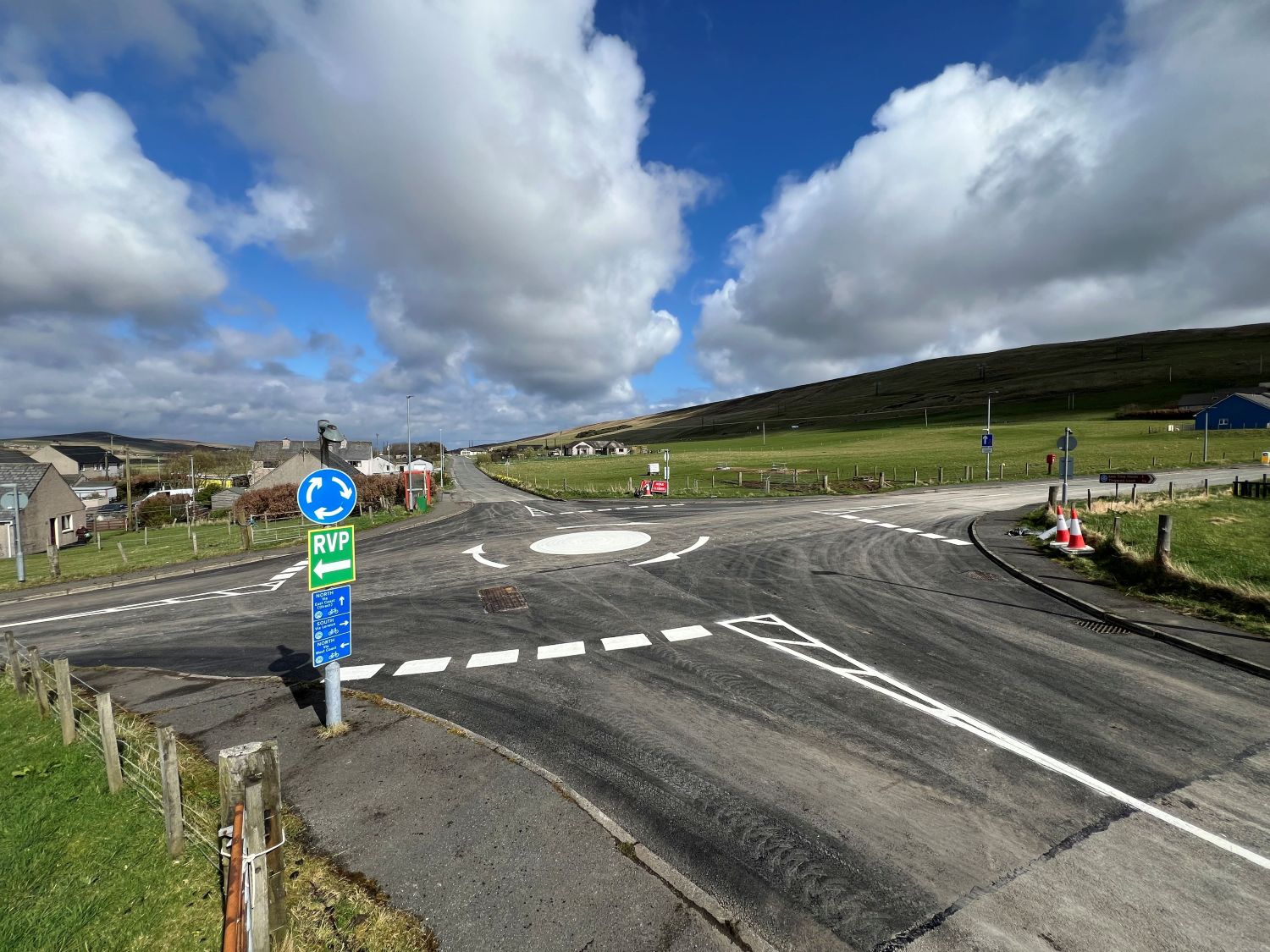 Veensgarth roundabout, with fresh road surface and bright white road paintings