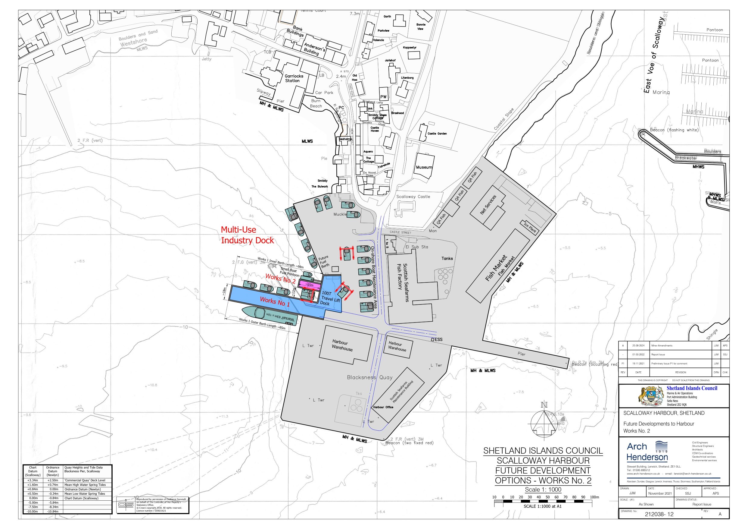 Option Two: Alter orientation of West Quay, small increase in size, inclusion of basic infrastructure to support future vessel maintenance and servicing activity.