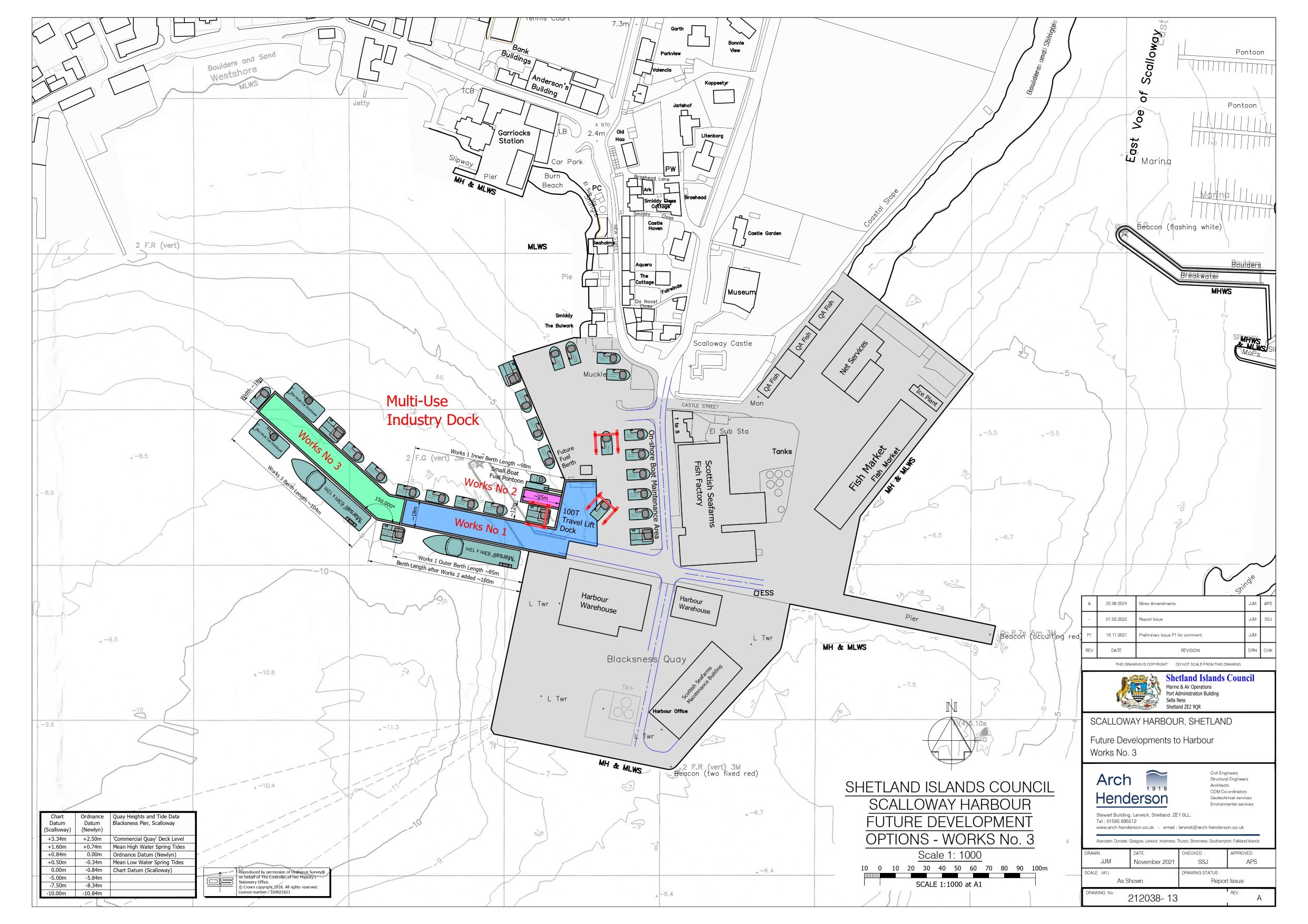 Option Three: Alter orientation of West Quay, significant increase in size, inclusion of basic infrastructure to support future vessel maintenance and service activity including potential flood and wave protection to existing Scalloway waterfront foreshore.